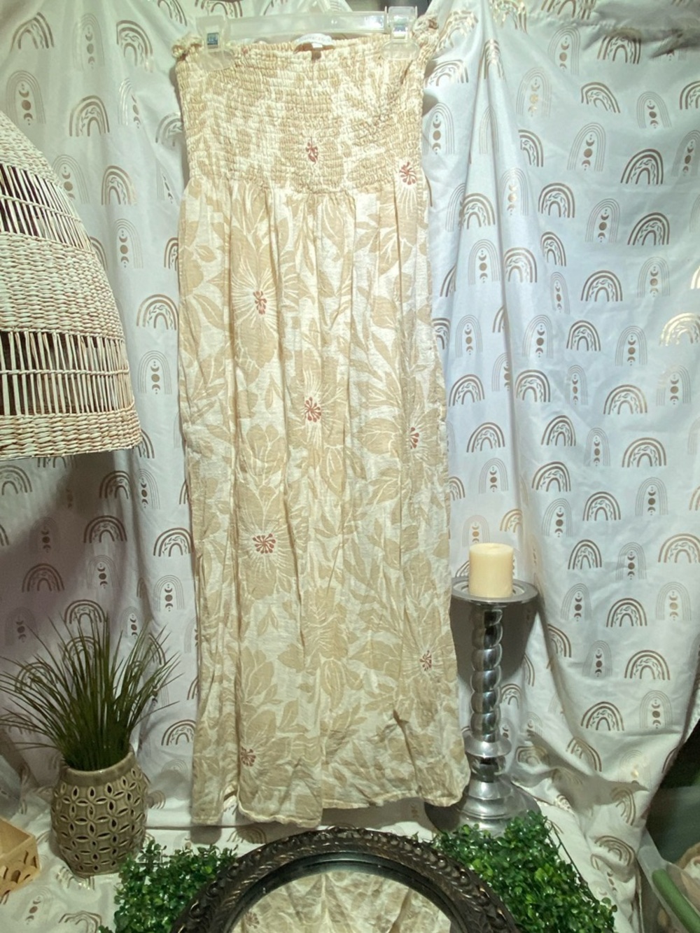 Olivaceous Cream Floral Smocked Strapless Maxi Dress